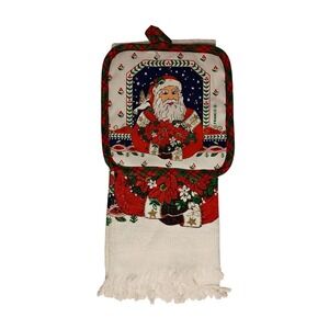 NOS‎ Vintage FRANCO Kitchen Towel and Pot Holder Set Santa Claus Christmas